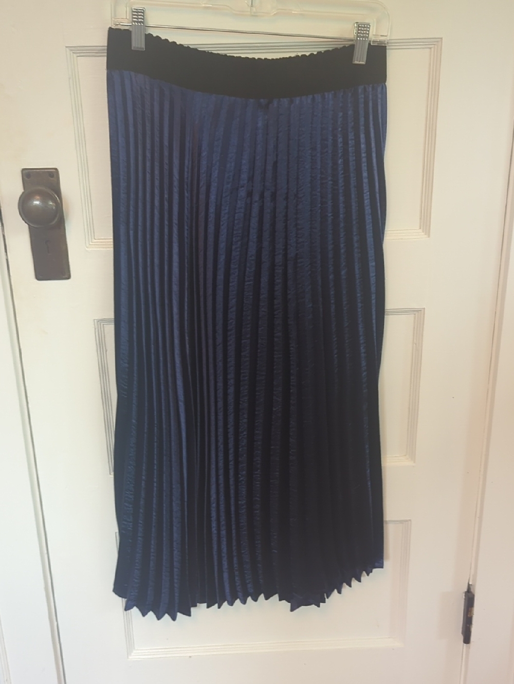 Elodie Navy Pleated Midi Skirt with Black Waistband